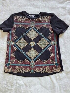 Zara Basic Baroque Scarf Print Textured Short Sleeve Blouse Top Size S